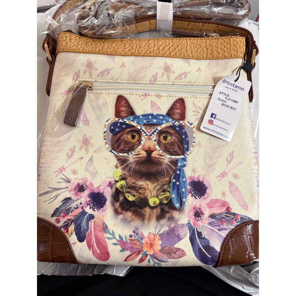 Brentano Boho Boo Cat Crossbody Bag Floral Studded CJ11258 Cream Brown‎ NEW